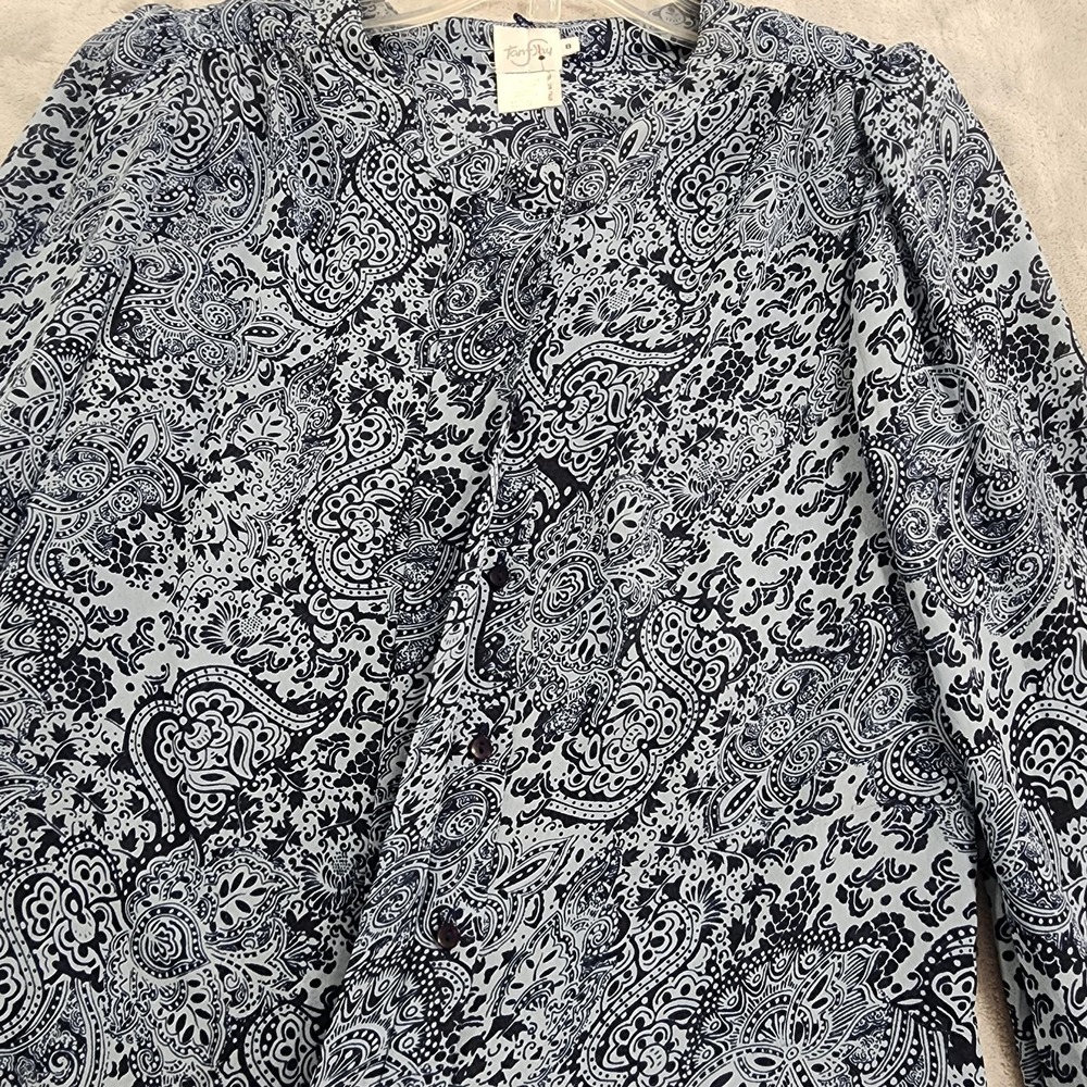Vintage TanJay Shirt Womens 8 Blue Paisley Tie Neck Bow Long Sleeve Chiffon - Picture 9 of 16